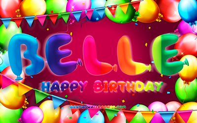 Happy Birthday Belle, 4k, colorful balloon frame, Belle name, purple background, Belle Happy Birthday, Belle Birthday, popular american female names, Birthday concept, Belle