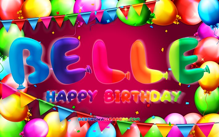 お誕生日おめでとうベル, 4k, カラフルなバルーンフレーム, ベル名, 紫の背景, ベルお誕生日おめでとう, ベルの誕生日, 人気のアメリカ人女性の名前, 誕生日のコンセプト, ベル