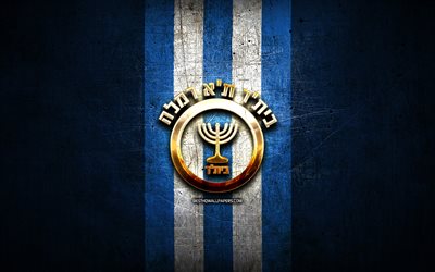 Beitar Tel Aviv Bat Yam FC, kultainen logo, Leumit League, sininen metallitausta, jalkapallo, Israelin jalkapalloseura, Beitar Tel Aviv Bat Yam -logo, Beitar Tel Aviv Bat Yam