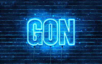 Happy Birthday Gon, 4k, blue neon lights, Gon name, creative, Gon Happy Birthday, Gon Birthday, popular japanese male names, picture with Gon name, Gon