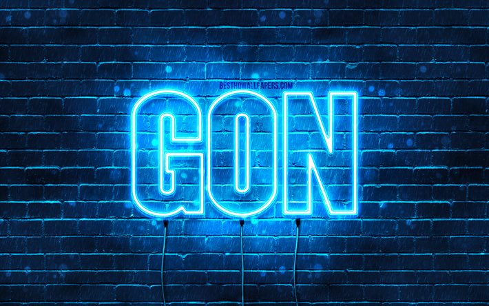 Buon Compleanno Gon, 4k, luci al neon blu, nome Gon, creativo, Gon Buon Compleanno, Compleanno Gon, nomi maschili giapponesi popolari, foto con nome Gon, Gon