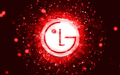 LG red logo, 4k, red neon lights, creative, red abstract background, LG logo, brands, LG