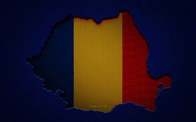 Romania map, 4k, European countries, Romanian flag, blue carbon background, Romania map silhouette, Romania flag, Europe, Romanian map, Romania, flag of Romania