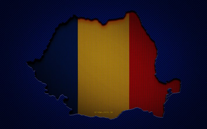Romania mappa, 4k, paesi europei, bandiera rumena, sfondo blu carbonio, Romania mappa silhouette, bandiera Romania, Europa, mappa rumena, Romania, bandiera della Romania