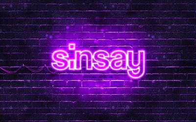 Logotipo violeta Sinsay, 4k, parede de tijolos violeta, logotipo Sinsay, marcas, logotipo n&#233;on Sinsay, Sinsay