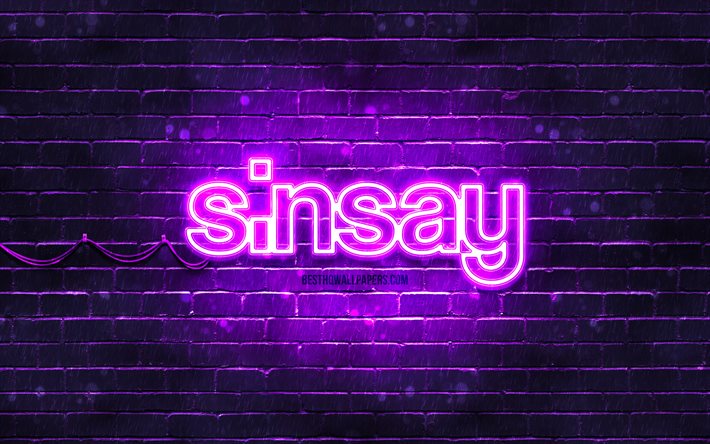 Sinsay viola logo, 4k, muro di mattoni viola, Sinsay logo, marchi, Sinsay neon logo, Sinsay