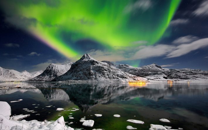 aurora borealis, vuoret, pohjois -, lumi, y&#246; taivas, Norja
