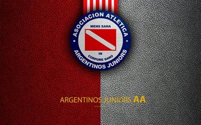 Argentinos Juniors, 4k, logotipo, Buenos Aires, Argentina, de textura de cuero, el f&#250;tbol, el Argentino de clubes de f&#250;tbol, el emblema, la Superliga, los Campeonatos de F&#250;tbol de Argentina