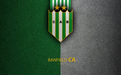 Club Atletico Banfield, 4k, logo, Buenos Aires, Argentiina, nahka rakenne, jalkapallo, Argentiinalainen jalkapalloseura, tunnus, Superliga, Argentiina Jalkapallon Mm-Kilpailut