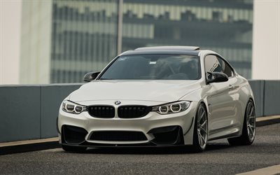 BMW M4, 2017, 4k, 白色スポーツクーペチューニングM4, 低タイヤ, ドイツ車, F83, BMW