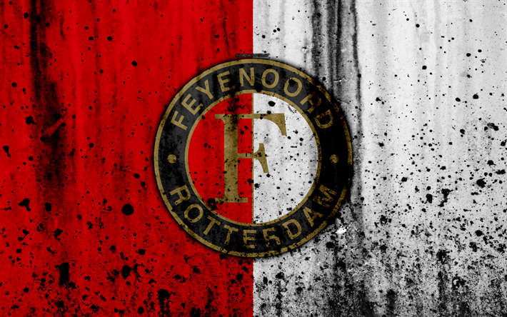 FC Feyenoord, 4k, Eredivisie, grunge, logo, football, club de football, pays-bas, Feyenoord, l&#39;art, la texture de pierre, Feyenoord FC