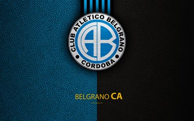 Club Atl&#233;tico Belgrano, 4k, logotipo, C&#243;rdoba, Argentina, de textura de cuero, el f&#250;tbol, el Argentino de clubes de f&#250;tbol, el emblema, la Superliga, Argentina Campeonatos de F&#250;tbol, Primera Divisi&#243;n