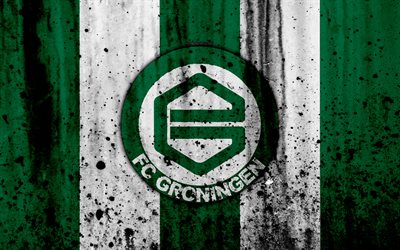 FC Groningen, 4k, Eredivisie, grunge, logo, jalkapallo, football club, Alankomaat, Groningen, art, kivi rakenne