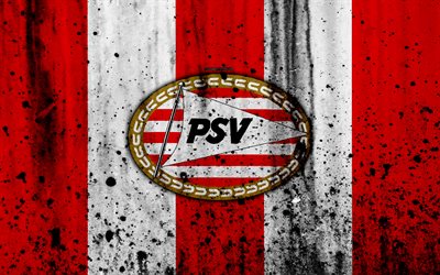 FC PSV Eindhoven, 4k, Eredivisie, grunge, PSV, logo, soccer, football club, Netherlands, PSV Eindhoven, art, stone texture, PSV Eindhoven FC