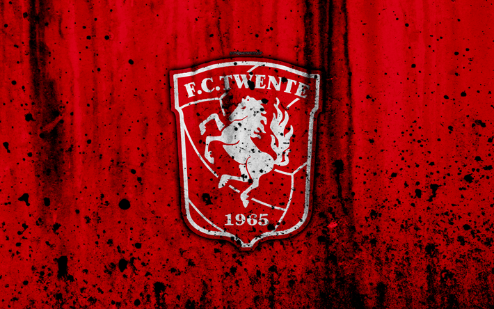 Le FC Twente, 4k, Eredivisie, grunge, logo, football, club de football, pays-bas, Twente, l&#39;art, la texture de pierre, le FC Twente