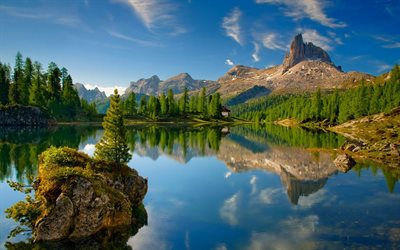Dolomitas, lago, montanhas, ver&#227;o, It&#225;lia, Europa