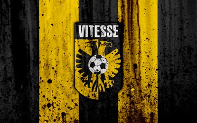 FC Vitesse, 4k, Eredivisie, grunge, logotyp, fotboll, football club, Nederl&#228;nderna, Vitesse, konst, sten struktur, Vitesse FC