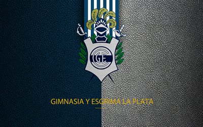 Gimnasia y Esgrima, 4k, logo, La Plata, Argentina, leather texture, football, Argentinian football club, FC, emblem, Superliga, Argentina Football Championships, First Division