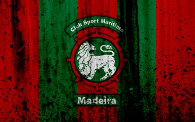 FC Maritimo, 4k, grunge, Primeira Liga, f&#250;tbol, arte, Portugal, Mar&#237;timo, club de f&#250;tbol, de piedra textura, Maritimo FC