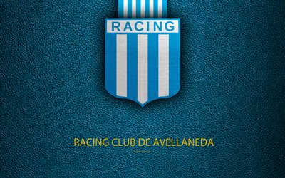 Racing Club de Avellaneda, 4k, logo, Argentina, leather texture, football, Argentinian football club, Avellaneda FC, emblem, Superliga, Argentina Football Championships, First Division