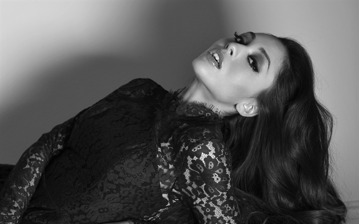 Lindsey Morgan, Amerikansk sk&#229;despelare, 4k, svartvitt, svart kl&#228;nning, vacker brunett, modell