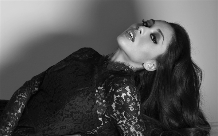 Lindsey Morgan, American actress, 4k, monochrome, black dress, beautiful brunette, fashion model