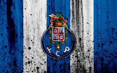 FC Porto, 4k, grunge, Primeira Liga, soccer, art, Portugal, Porto, football club, stone texture, Porto FC