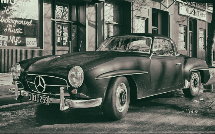 Mercedes-Benz 190 SL, 4k, W 121 B II, retro, coches, foto antigua, en blanco y negro, autos de carreras, Mercedes