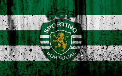 FC Sporting, 4k, grunge, Primeira Liga, soccer, art, Portugal, Sporting, football club, stone texture, Sporting FC