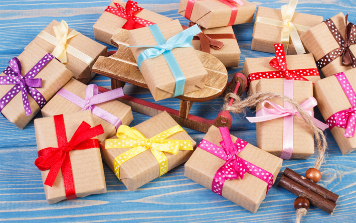 Presentes de natal, caixas de presente, Natal, fitas coloridas, Ano Novo