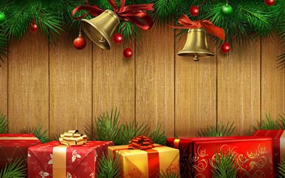 christmas decorations, Happy New Year, wooden background, christmas bells, xmas, Christmas