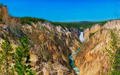Yellowstone, mountain river, waterfall, canyon, river, mountain landscape, USA, Montana, Yellowstone National Park