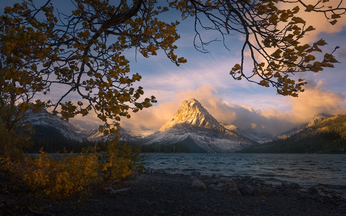 beautiful lake, forest, sunset, mountain landscape, Alberta, USA, mountain lake, Glacier National Park