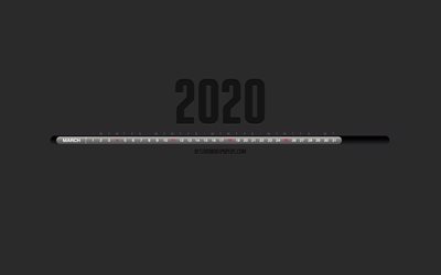 2020 Mars Calendrier, &#201;l&#233;gant noir calendrier, en Mars 2020, fond gris, calendrier mois, en Mars 2020 nombres dans une ligne, en Mars 2020 Calendrier