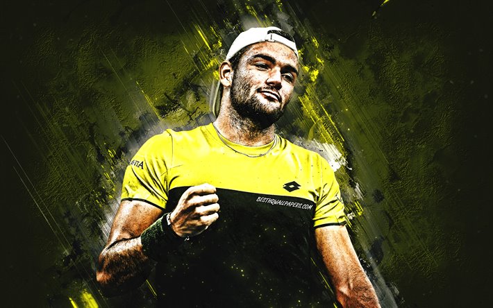 matteo berrettini, atp, portrait, italienischer tennisspieler, gelben stein hintergrund, tennis