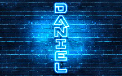 4K, Daniel, vertical text, Daniel name, wallpapers with names, blue neon lights, picture with Daniel name