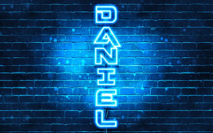 4K, Daniel, vertical text, Daniel name, wallpapers with names, blue neon lights, picture with Daniel name