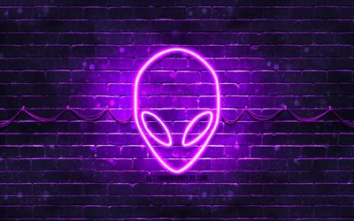 Alienware viola logo, 4k, viola, brickwall, logo Alienware, marche, Alienware neon logo Alienware