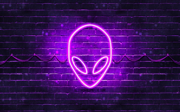 alienware violett-logo, 4k, violett brickwall -, alienware-logo, marken, alienware neon-logo, alienware