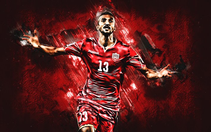 Mohamed Al-Romaihi, Bahrain squadra nazionale di calcio, ritratto, Bahraini giocatore di calcio, in avanti, in pietra rossa, sfondo, calcio