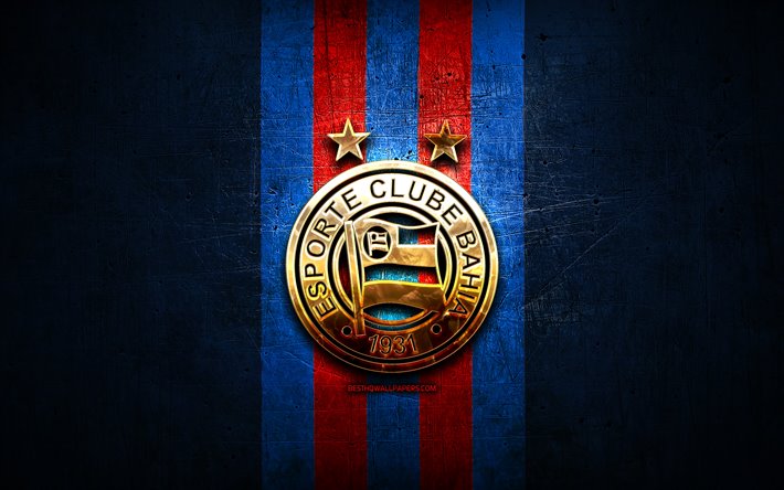Bahia FC, logo oro, Serie A, blu, metallo, sfondo, calcio, CE Bahia, club sportivo brasiliano, Bahia FC logo, Brasile