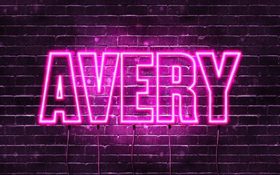 Avery, 4k, tapeter med namn, kvinnliga namn, Avery namn, lila neon lights, &#246;vergripande text, bild med Avery namn