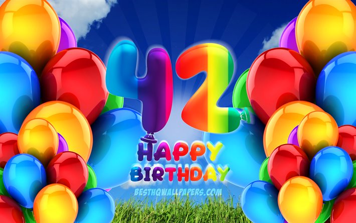 4k, 嬉しい42歳の誕生日, 曇天の背景, 誕生パーティー, カラフルなballons, 作品, 42歳の誕生日, 誕生日プ, 第42回誕生パーティー