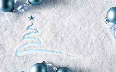 クリスマスツリー, 4k, メリークリスマス, 雪の背景, 正月飾り, キャンドル, 謹賀新年, クリスマスの飾り, 新年のコンサート