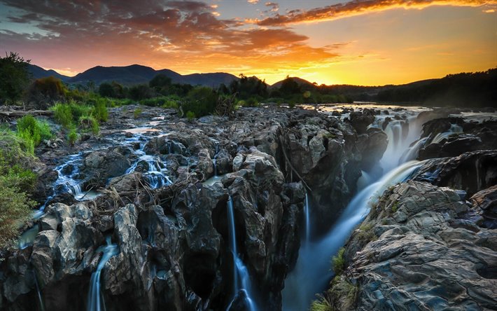 Namibia, sunset, afrikanska landskapet, river, vattenfall, Afrika
