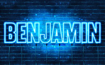 Benjamin, 4k, wallpapers with names, horizontal text, Benjamin name, blue neon lights, picture with Benjamin name