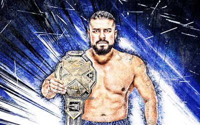 Andrade Almas, grunge art, WWE, american wrestlers, wrestling, blue abstract rays, Manuel Alfonso Andrade Oropeza, wrestlers