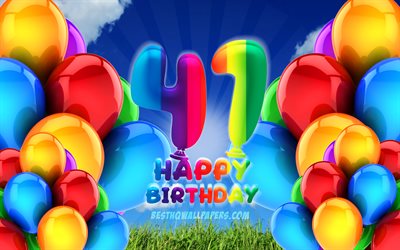4k, 嬉しい41歳の誕生日, 曇天の背景, 誕生パーティー, カラフルなballons, 作品, 41歳の誕生日, 誕生日プ, 第41回お誕生会