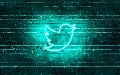 Twitter turquoise logo, 4k, turquoise brickwall, Twitter, logo, marques, Twitter n&#233;on logo