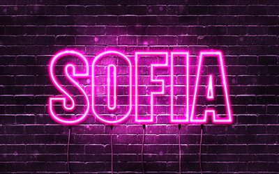 Sofia, 4k, wallpapers with names, female names, Sofia name, purple neon lights, horizontal text, picture with Sofia name